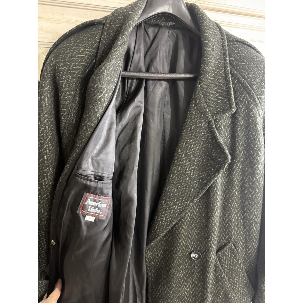 Vintage USA Made OVERCOAT Double Breasted L Trench WOOL Gray AMERICAN MALE
